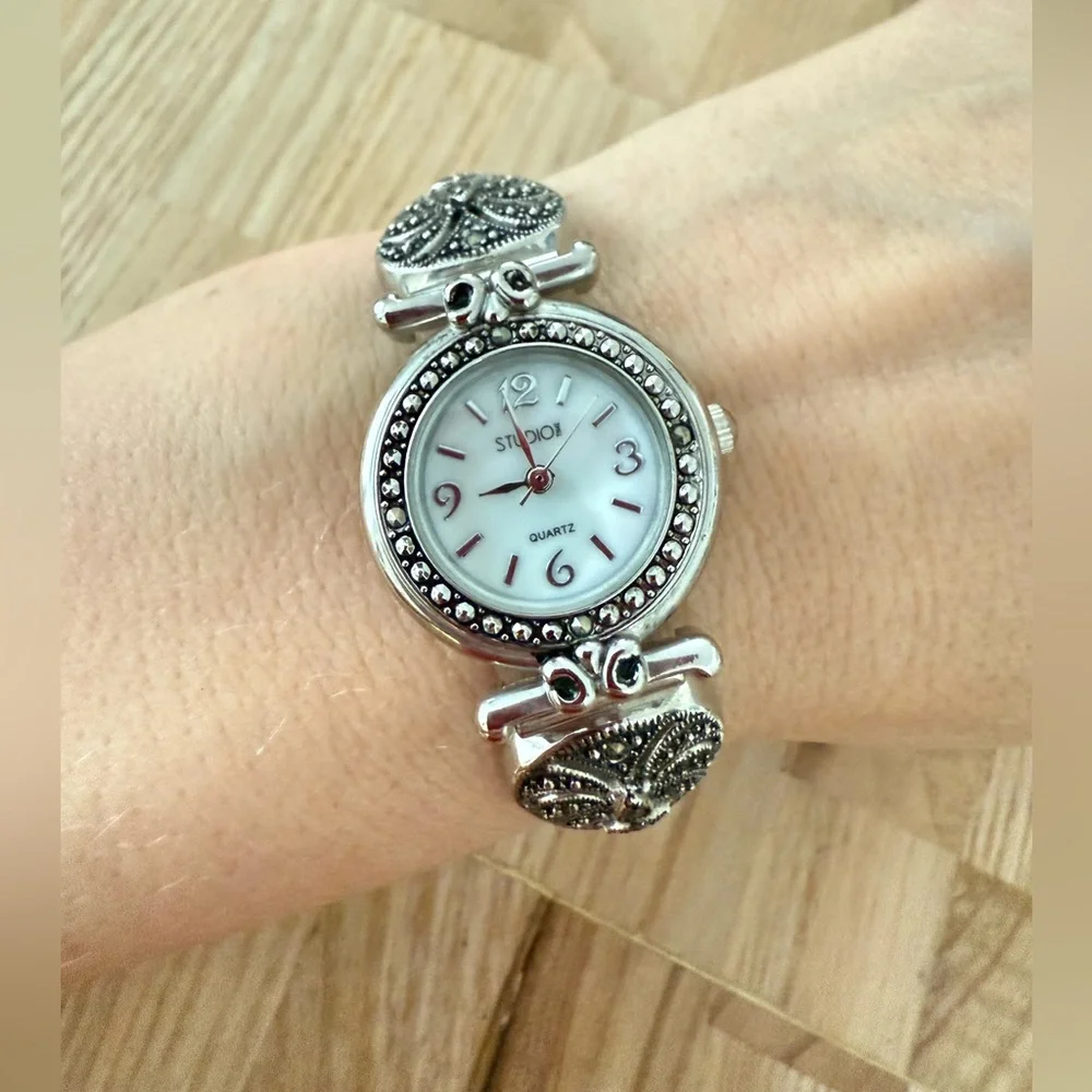 Vintage style Studio time ladies silver tone marcasite watch NEW BATTERY